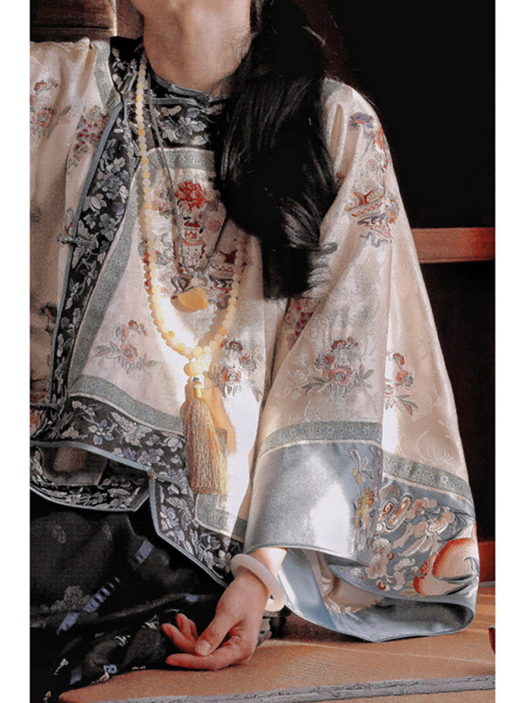 New Chinese-style Beige Han Elements Printed Jacquard Blouse Top with Traditional Frog Closure-Lovesyouforever
