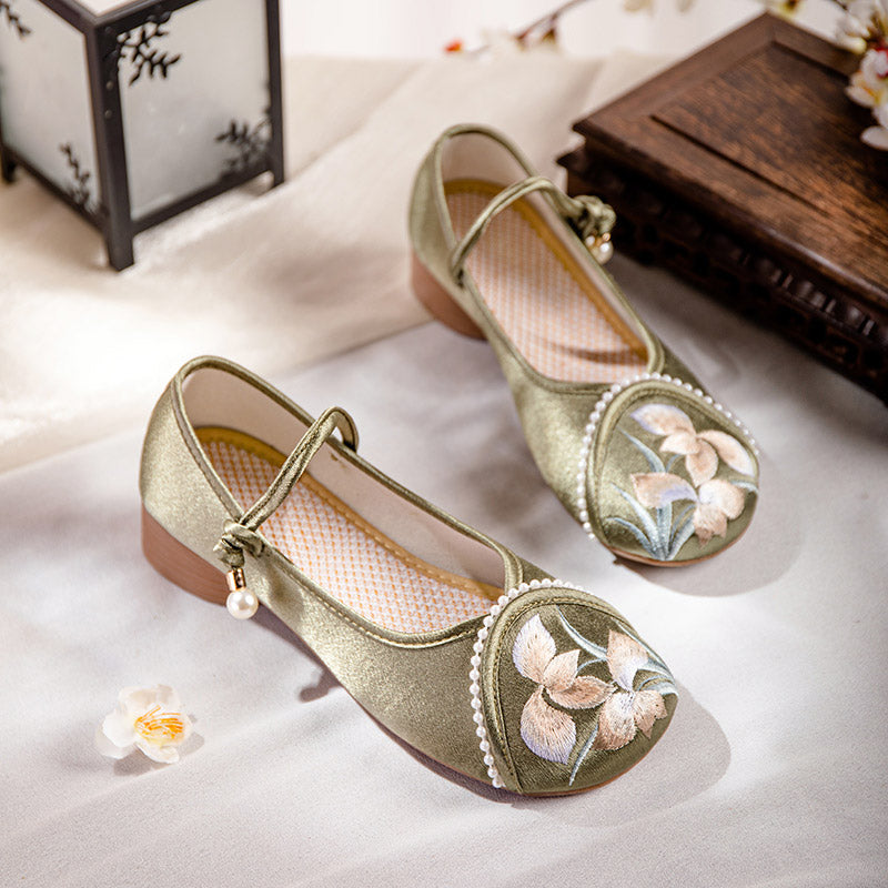 Orchid Flower Embroidery Ankle Strap Low Heel Shoes-Lovesyouforever