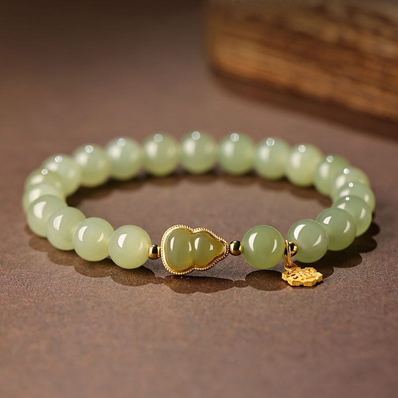 Natural Hetian Qingshui Jade Bracelet Adorned with Jade Gourd and the Chinese Character for '福' (fortune) Charm-Lovesyouforever