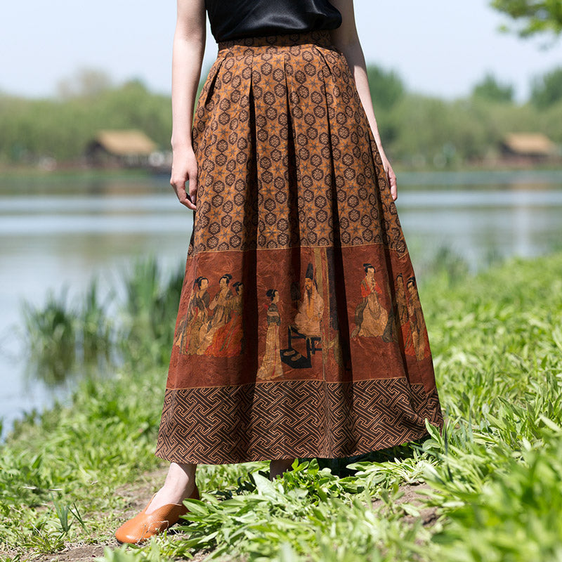 Vintage Chinese-style Mulberry Silk Court Banquet Print Retro Patterned Midi Skirt for Women-Lovesyouforever