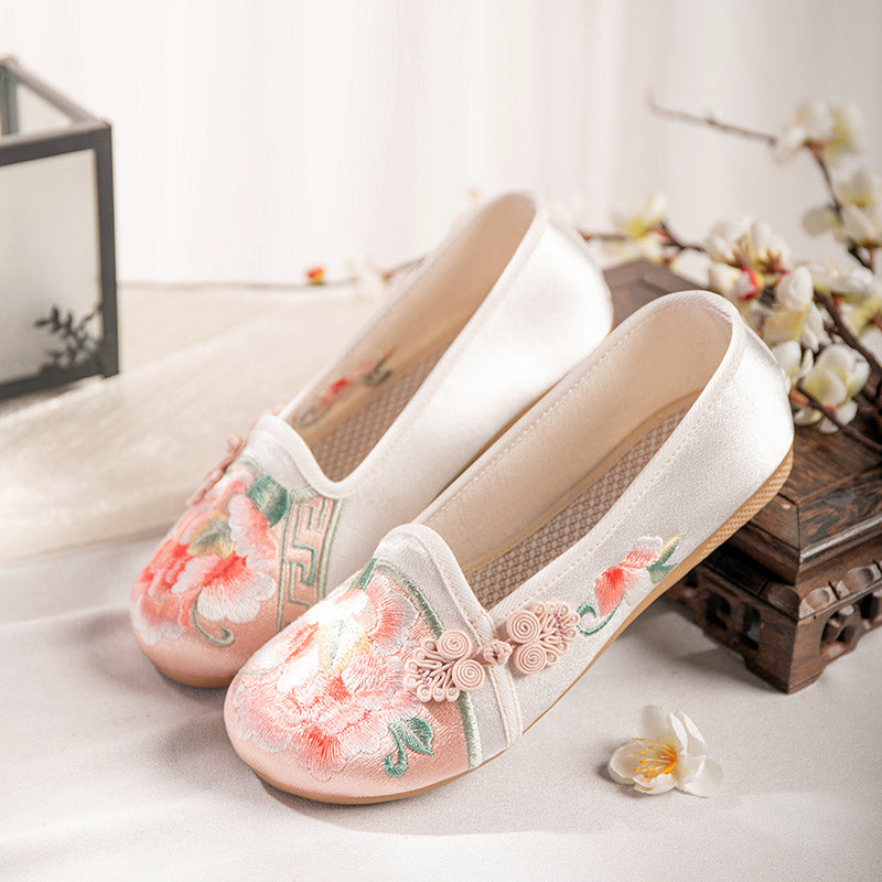 Vintage Peony Flower Embroidered Flat Shoes with Delicate Chinese Buckle-Lovesyouforever