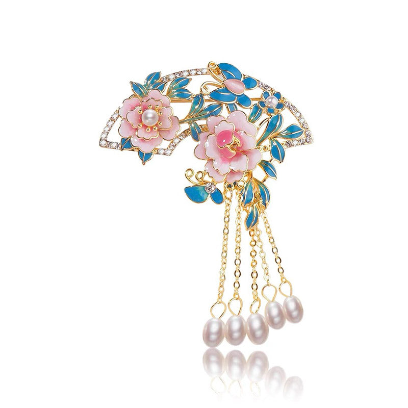 Chinese Cloisonné Pink Peony Fan-Shaped Brooch with Freshwater Pearl Tassel-Lovesyouforever