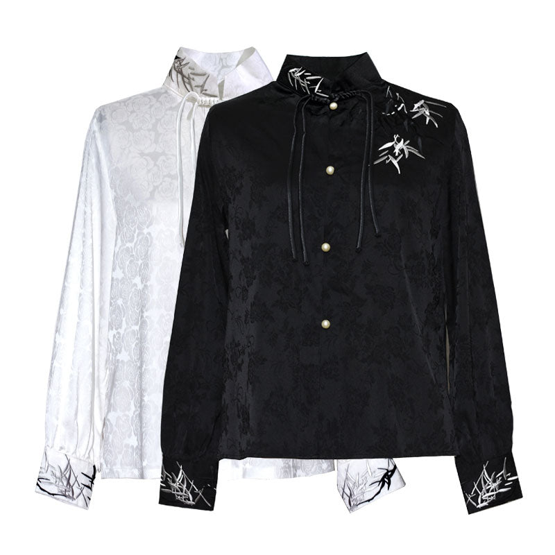 Morden Chinese Embroidered Bamboo Leaf Jacquard Satin Fabric Hanfu Shirt Blouse, paired with Mamianqun Skirt-Lovesyouforever
