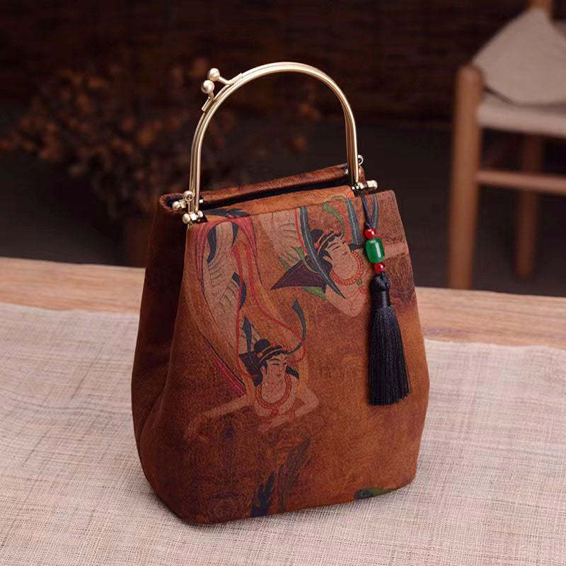Vintage Chinese Style Retro Brown Feitian Flying Apsaras Silk Handbag with Tassel Charm-Lovesyouforever