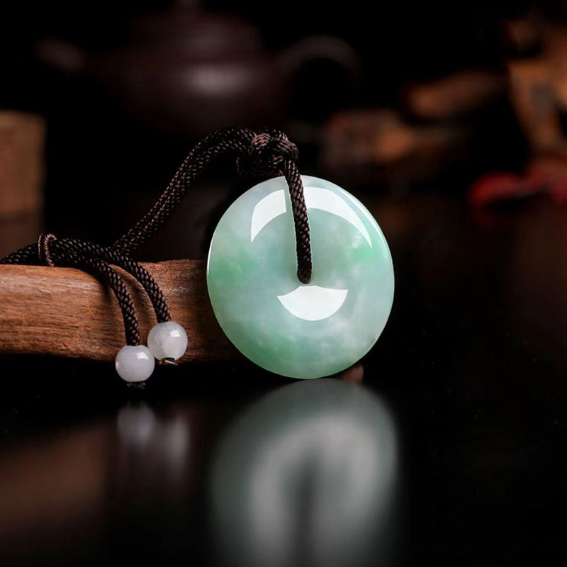 Moss in Snow Natural Ice Jadeite Jade Chinese「Ping An Kou」Pendant Necklace for Women and Men-Lovesyouforever