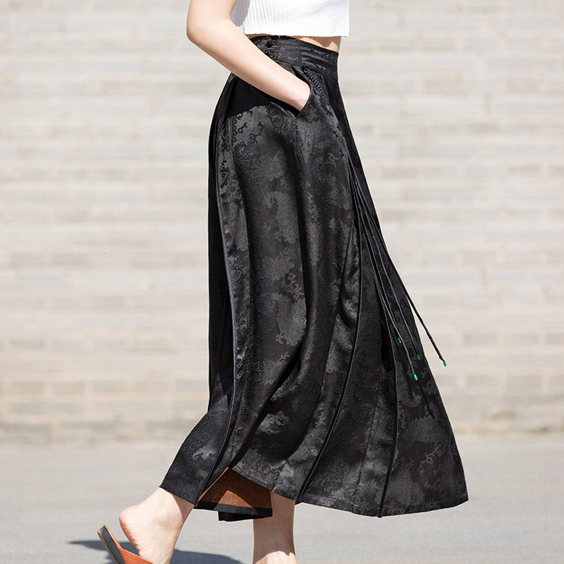 New Chinese-style Black Vintage Pattern Mulberry Silk Midi Skirt Mamianqun Skirt-Lovesyouforever