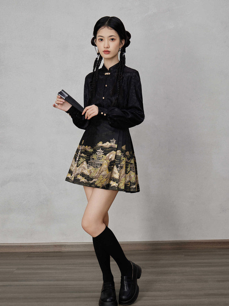 Mountains, Waters, and Pavilions – Woven Gold Short Mamianqun Skirt Neo-Hanfu Mini Skirt-Lovesyouforever
