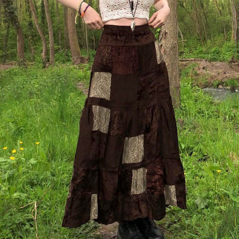 Vintage Velvet Patchwork Retro Tribal Print Skirt: Embrace the Wasteland Fashion Trend-Lovesyouforever