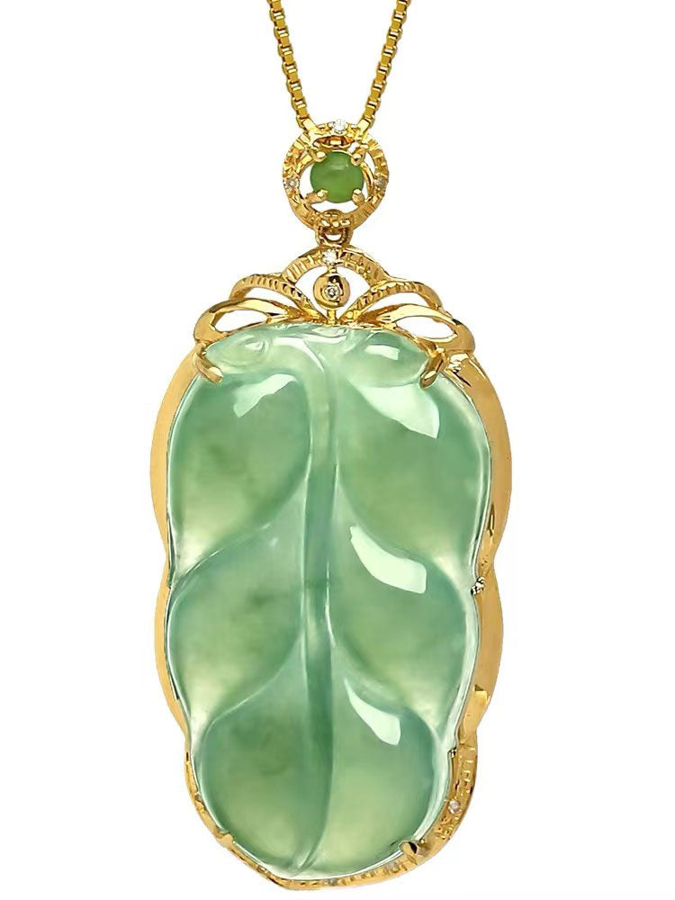 18K Gold Inlay Natural Ice Jadeite Jade Chinese「Jin Zhi Yu Ye」Golden Branch and Jade Leave Pendant Necklace-Lovesyouforever