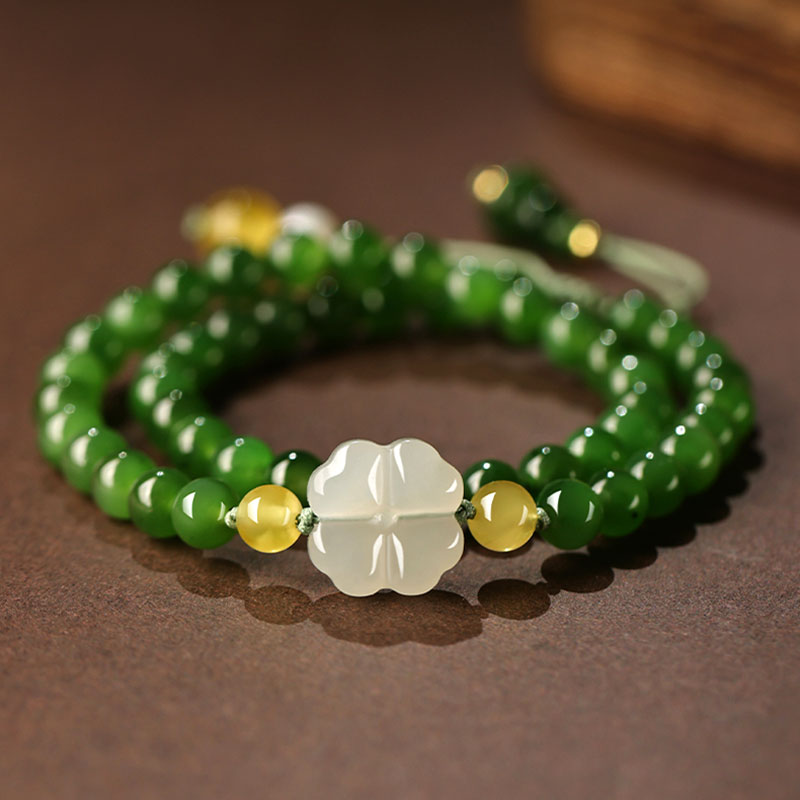 Xinjiang Hetian Jade Bracelet Adorned with a Four Leaf Clover Green Jade Biyu Bracelet-Lovesyouforever