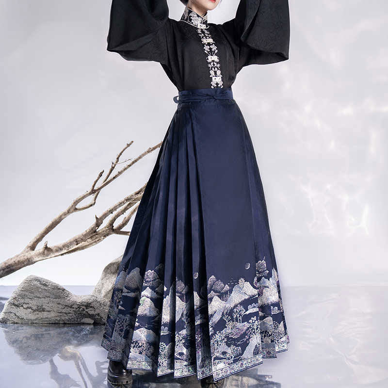 Mountain, Sea, Moon, and Brightness - Mamianqun Skirt with Vertical-collar Double-breasted Shirt Daily Hanfu Set-Lovesyouforever