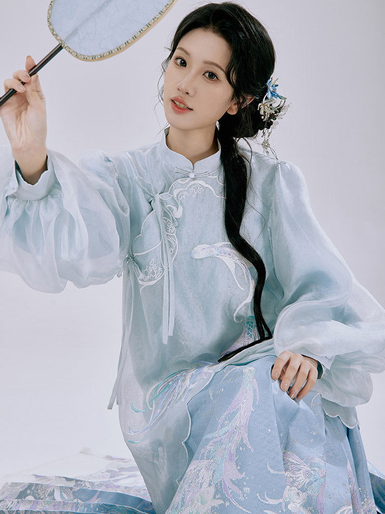 Spiritual Fish and Sea Waves – Dreamy Blue Hanfu Set with Horse Face Skirt Mamianqun Set-Lovesyouforever