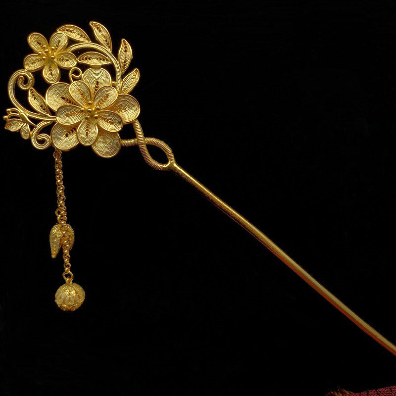 Handcrafted Vintage Chinese Style 999 Sterling Silver Filigree Flowers on the Branch with Butterfly, Flower Buds Tassel Hairpin-Lovesyouforever