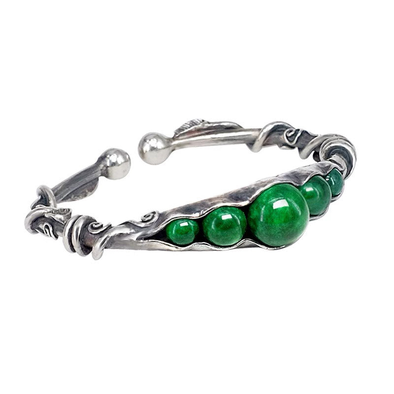 Natural Inspired Handmade 999 Solid Silver Pea Pod Bangle Bracelet with Inlaid Jade-Lovesyouforever