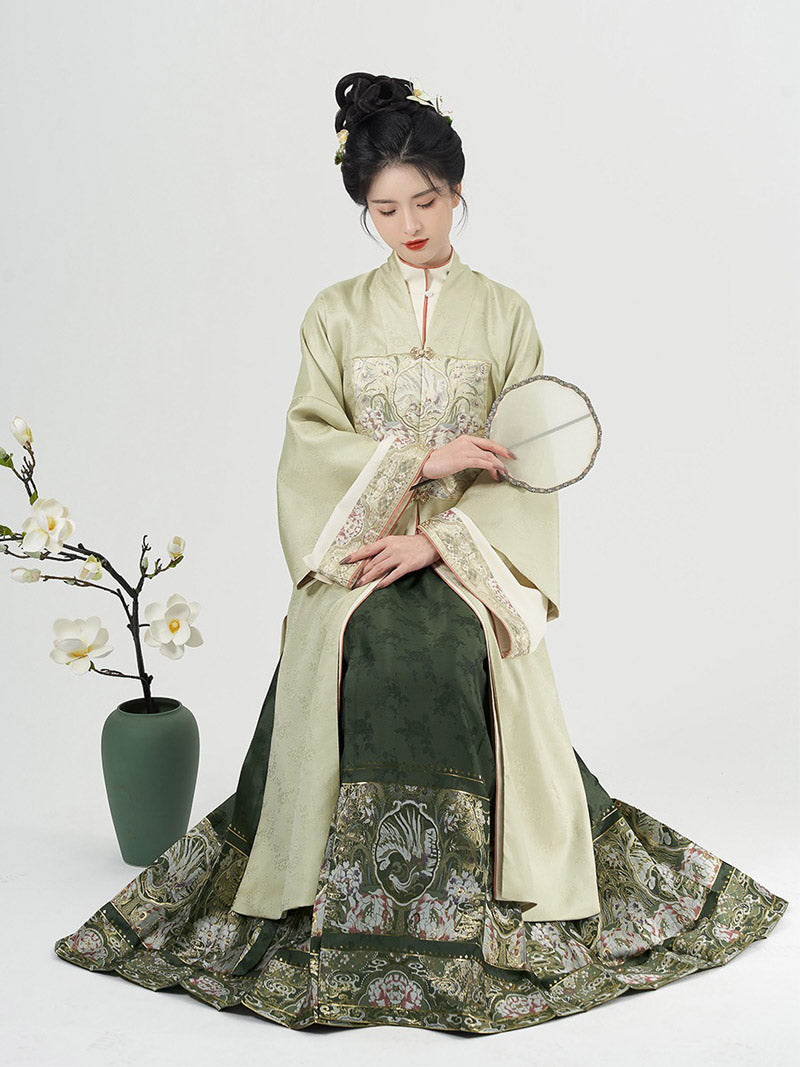 Traditional Ancient Chinese Style Phoenix and Peony Pattern Green Embroidery Mamianqun Hanfu Dress-Lovesyouforever