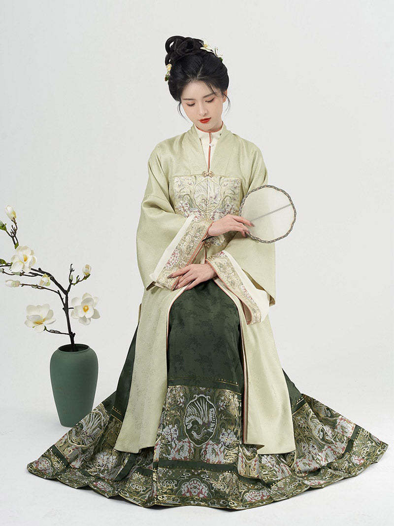 Traditional Ancient Chinese Style Phoenix and Peony Pattern Green Embroidery Mamianqun Hanfu Dress-Lovesyouforever