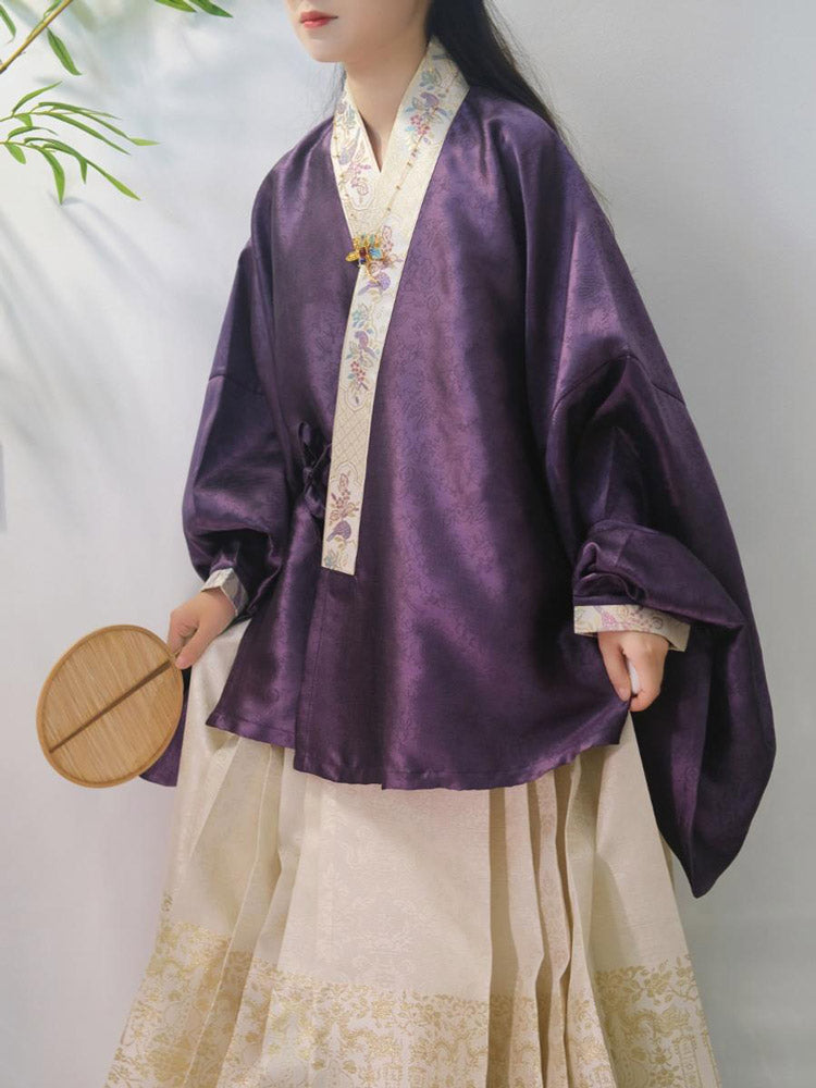Chinese Style Purple Pipa Sleeve Jacquard Dark Embroidery Ming Dynasty Cross-collar Top Blouse-Lovesyouforever