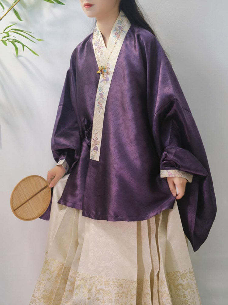 Chinese Style Purple Pipa Sleeve Jacquard Dark Embroidery Ming Dynasty Cross-collar Top Blouse-Lovesyouforever
