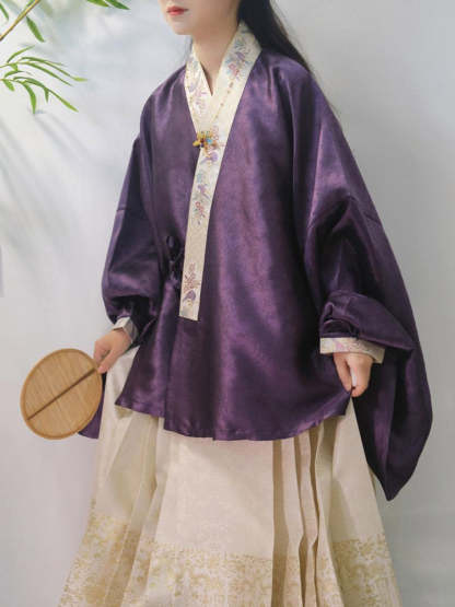 Chinese Style Purple Pipa Sleeve Jacquard Dark Embroidery Ming Dynasty Cross-collar Top Blouse-Lovesyouforever