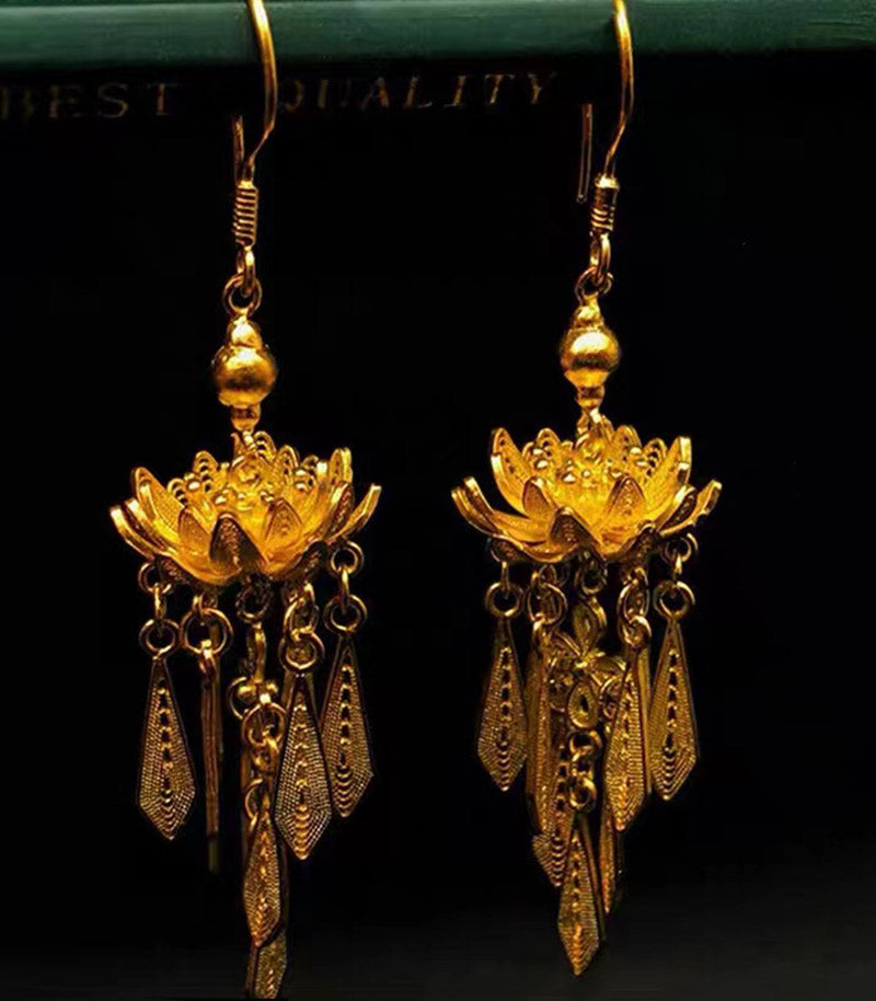 Handcrafted 999 Sterling Silver Women's Vintage  Flower Lotus Tassel Filigree Earrings-Lovesyouforever