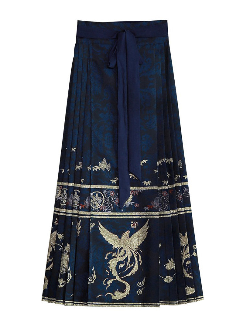 Woven Gold Phoenix and Xiangyun Floral Yarn-dyed Jacquard Cloth Mamianqun Hanfu Skirt Daily Wear-Lovesyouforever