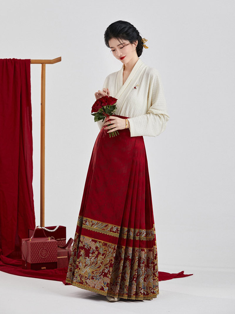 Vintage Chinese Style Phoenix and Peony Pattern Embroidery Mamianqun Hanfu Skirt-Lovesyouforever