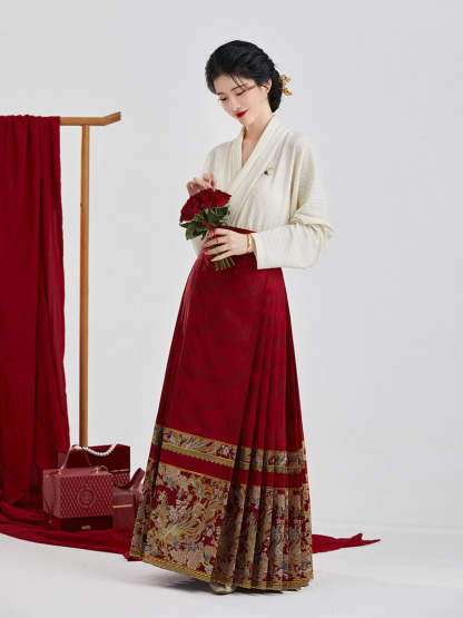 Vintage Chinese Style Phoenix and Peony Pattern Embroidery Mamianqun Hanfu Skirt-Lovesyouforever