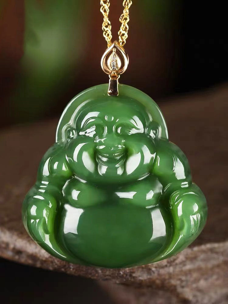 Emerald Green Natural Jadeite Jade Laughing Buddha「Happiness」Pendant Necklace for Men and Women-Lovesyouforever