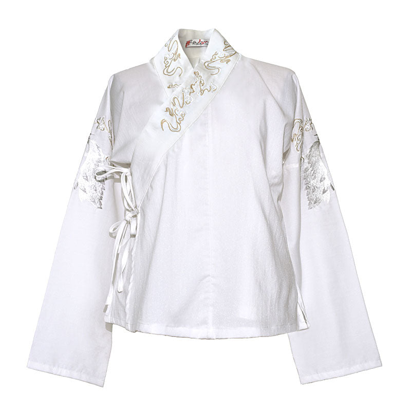 Morden Chinese Style Embroidered Crane Cross Collar Hanfu Shirt Top-Lovesyouforever