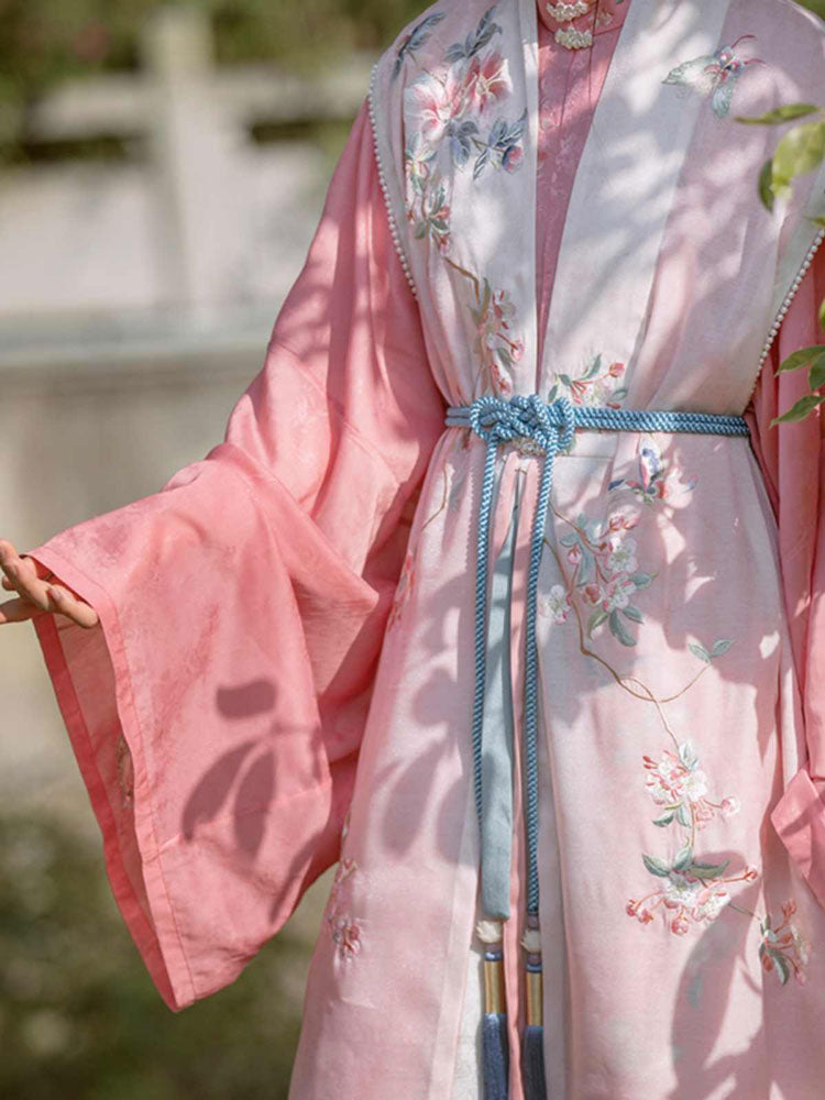 Blossom Season - Pink Traditional Stand-Collar Embroidered Hanfu Dress Set-Lovesyouforever