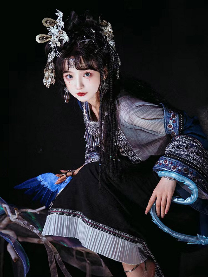 Miao Ethnic Minority Blue Embroidery Morden Hanfu Skirt Set-Lovesyouforever