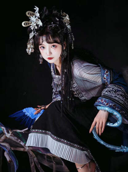 Miao Ethnic Minority Blue Embroidery Morden Hanfu Skirt Set-Lovesyouforever