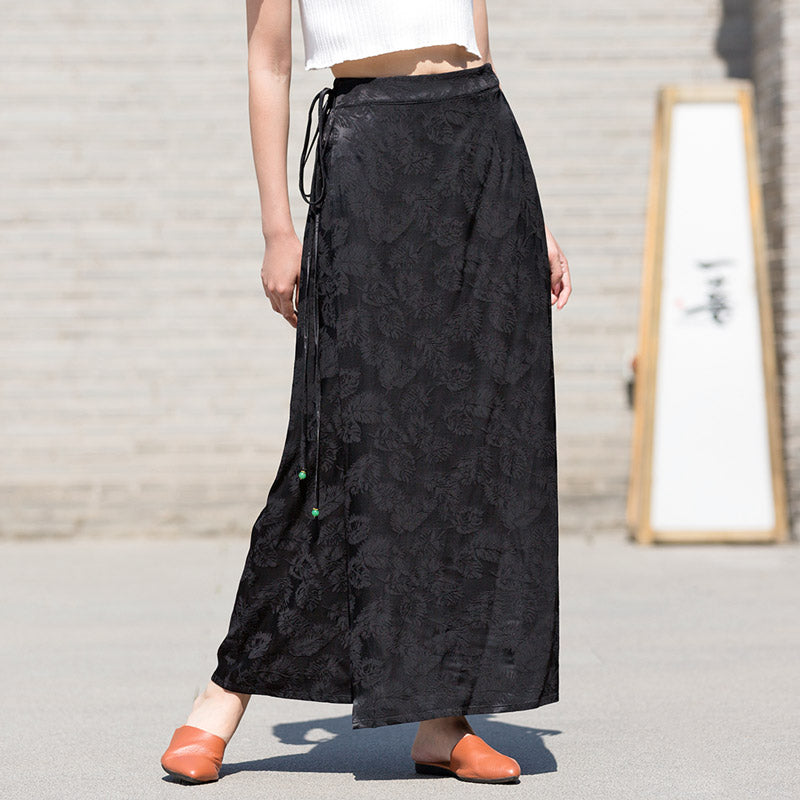 Black Vintage Chinese-style Feather Pattern Jacquard Midi Skirt for Women-Lovesyouforever