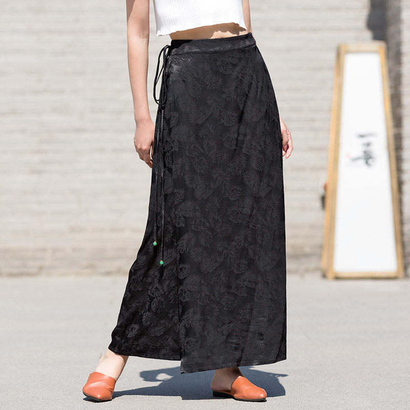 Black Vintage Chinese-style Feather Pattern Jacquard Midi Skirt for Women-Lovesyouforever