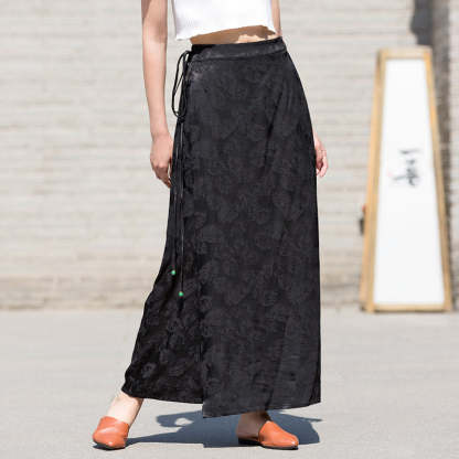 Black Vintage Chinese-style Feather Pattern Jacquard Midi Skirt for Women-Lovesyouforever