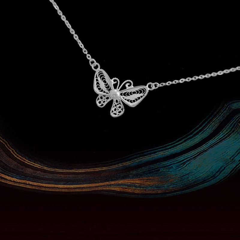 Exquisite Plain Silver Filigree Butterfly Necklace Inlaid with Natural Freshwater Pearls-Lovesyouforever