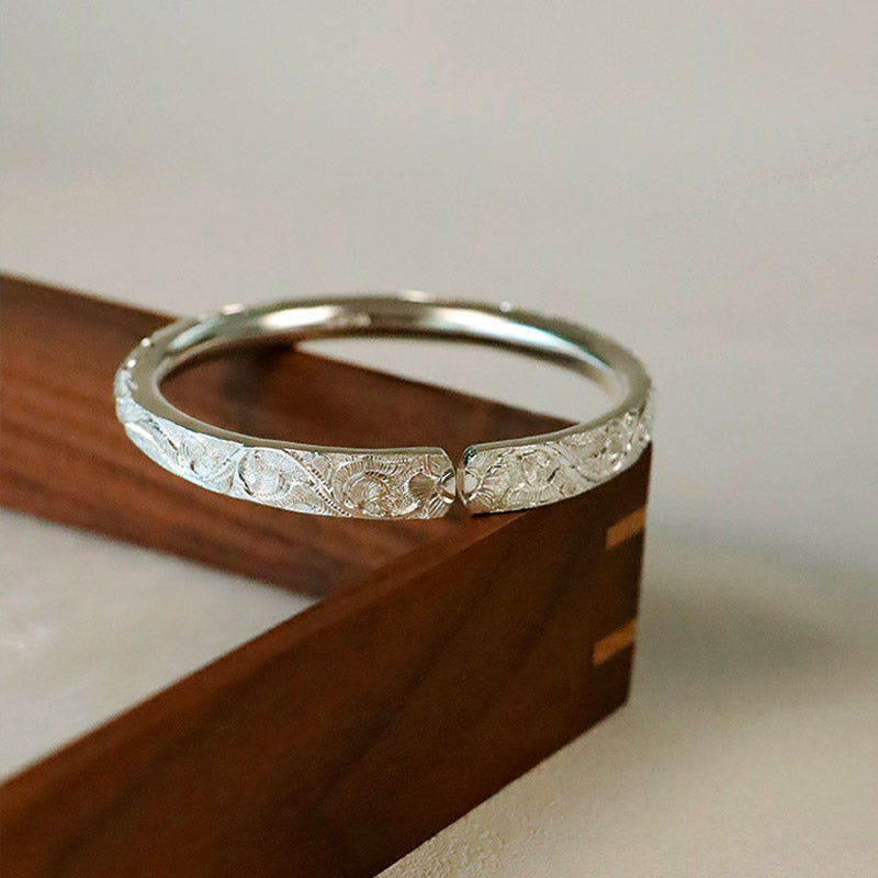 Hand Carved Chinese Style Vintage Vine Pattern Pure Solid Silver Bangle Bracelet-Lovesyouforever