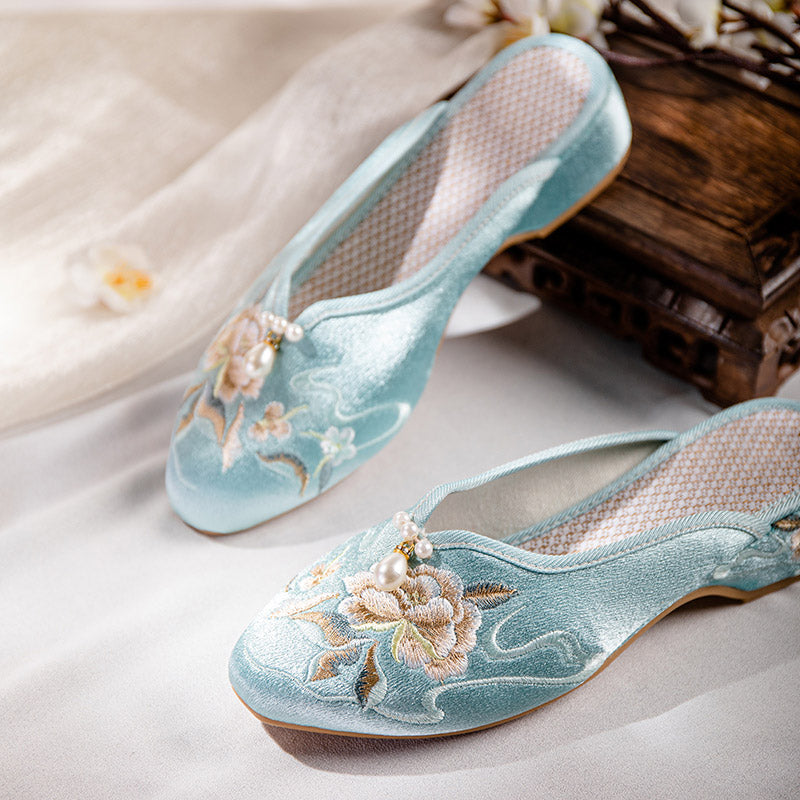 Vintage Peony Embroidery Pearl Buckle Slippers-Lovesyouforever