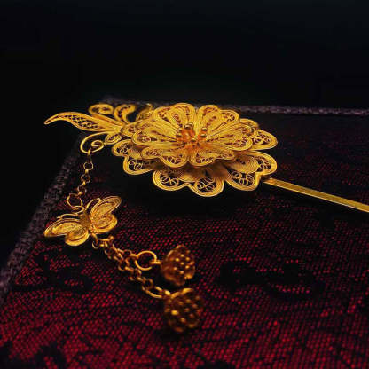 Handcrafted Vintage Chinese Style 999 Sterling Silver Double Flower Filigree Hairpin with Butterfly and Buds Tassel-Lovesyouforever