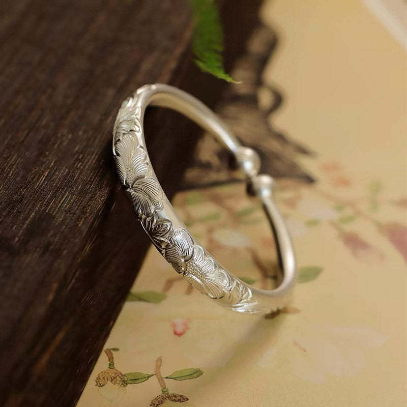 Vintage Chinese Style Hand-Carved Flower Pure Solid Silver Bangle Bracelet for Women-Lovesyouforever