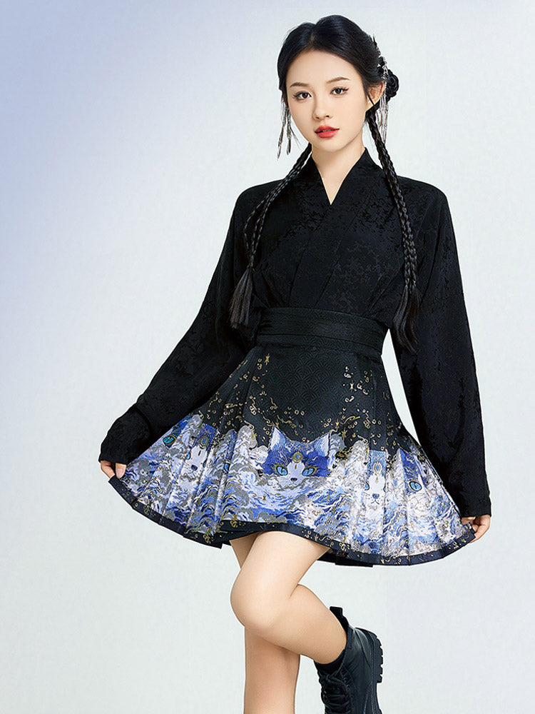 Shan Hai Jing: Spirit Cat Series – Woven Gold Mini Mamianqun Modern Hanfu Skirt Set-Lovesyouforever