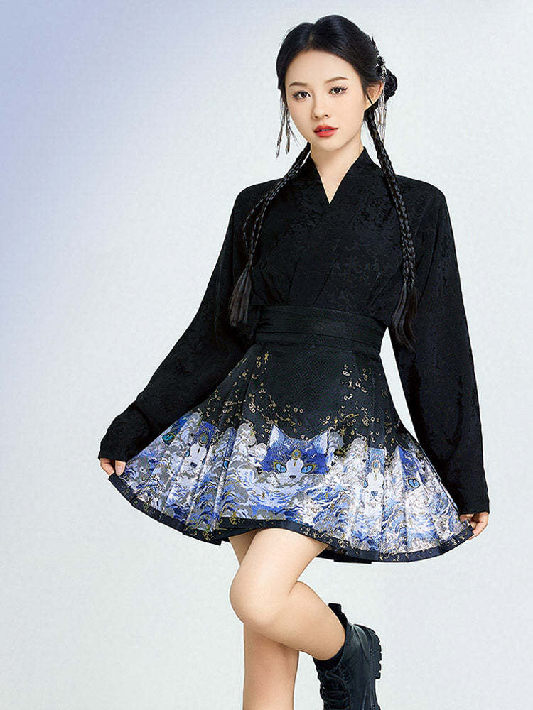 Shan Hai Jing: Spirit Cat Series – Woven Gold Mini Mamianqun Modern Hanfu Skirt Set-Lovesyouforever