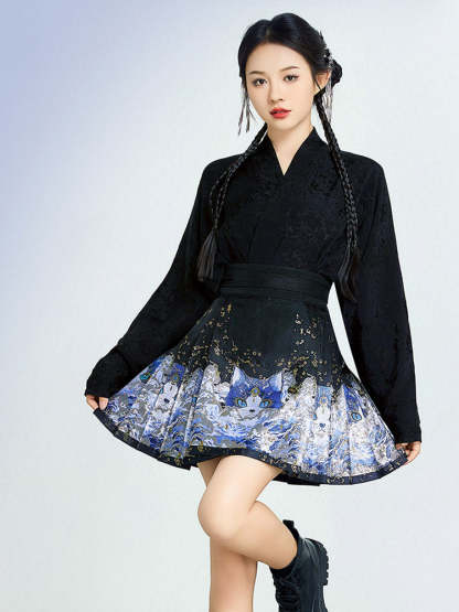 Shan Hai Jing: Spirit Cat Series – Woven Gold Mini Mamianqun Modern Hanfu Skirt Set-Lovesyouforever