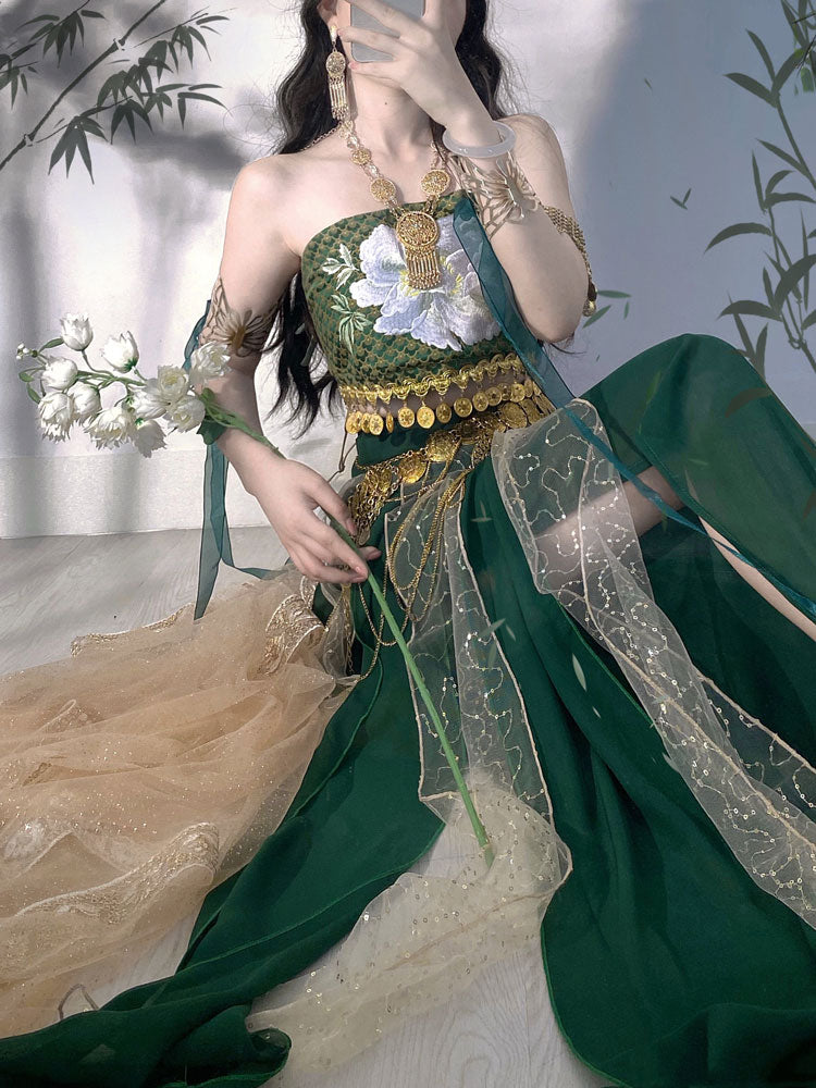 Vintage Green Embroidered Dunhuang Feitian Cosplay Hanfu Costume Three-Piece Set-Lovesyouforever
