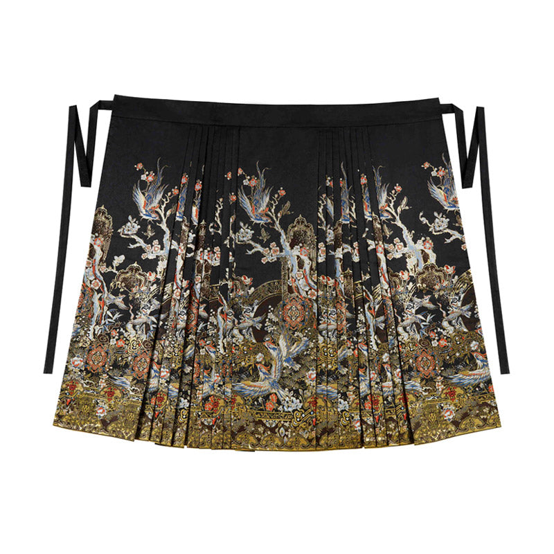 Magpie Herald of Joy – Chinese Magpie and Plum Blossom Brocade Woven Gold Mini Mamianqun Hanfu Skirt-Lovesyouforever