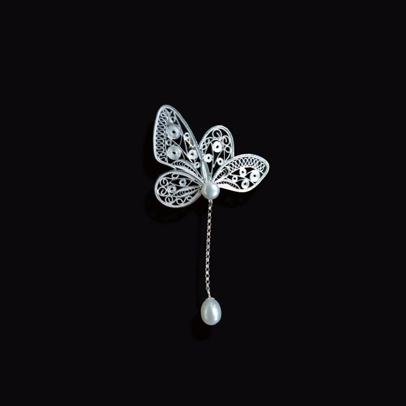 Vintage Plain Silver Filigree Butterfly Brooch/Pendant with Natural Freshwater Pearls-Lovesyouforever