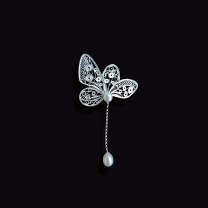 Vintage Plain Silver Filigree Butterfly Brooch/Pendant with Natural Freshwater Pearls-Lovesyouforever