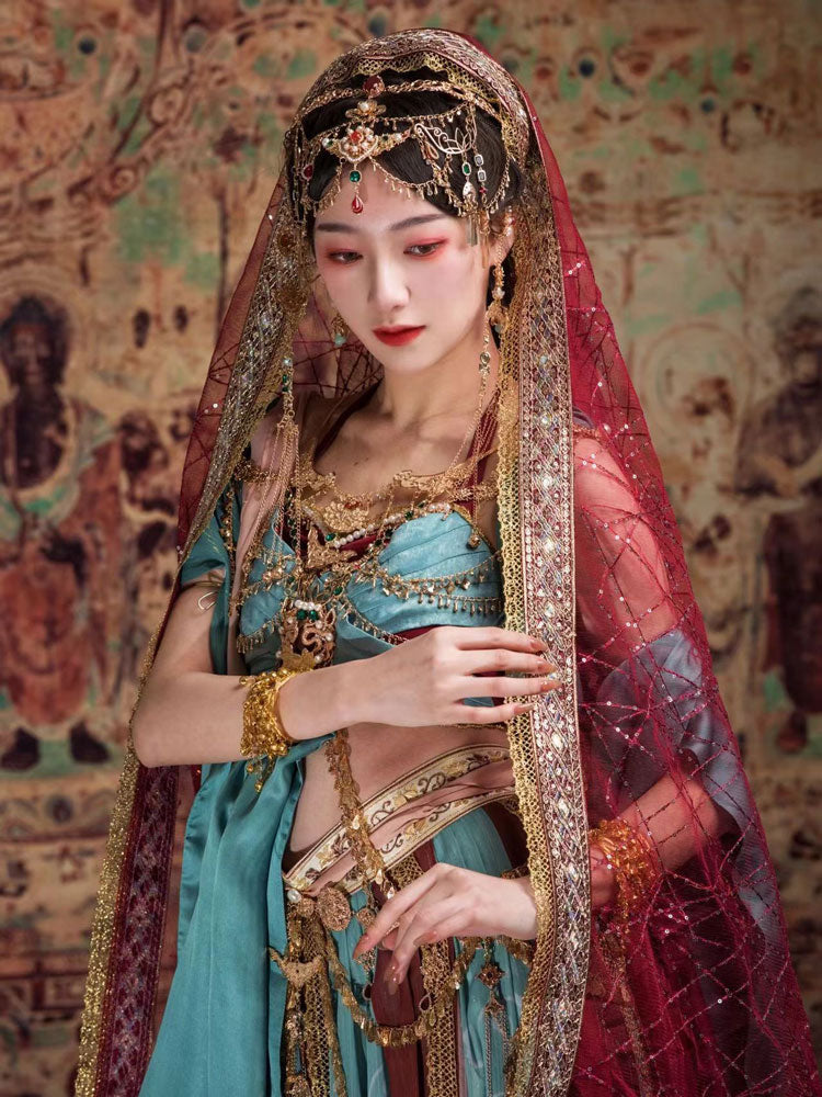 Classic Exotic Style Dunhuang Feitian Cosplay Western Region Princess Hanfu Costume Four-Piece Set-Lovesyouforever
