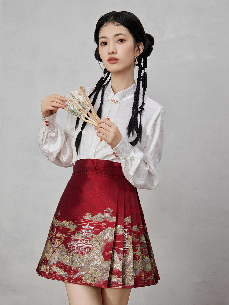Mountains, Waters, and Pavilions – Woven Gold Short Mamianqun Skirt Neo-Hanfu Mini Skirt-Lovesyouforever