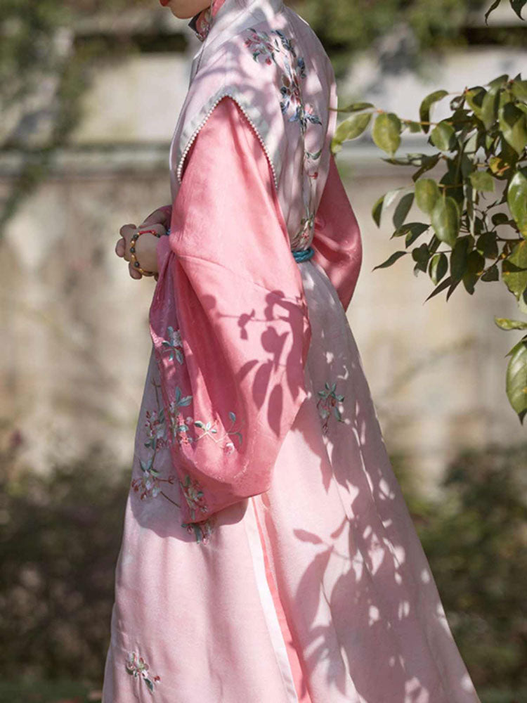 Blossom Season - Pink Traditional Stand-Collar Embroidered Hanfu Dress Set-Lovesyouforever